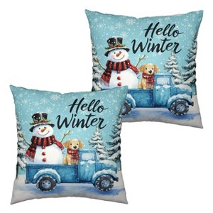 Hello Winter Pillow Covers 18x18 Set of 2 Blue Truck with Lovely Snowman Puppy Dog - 1 of 3
