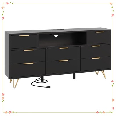 TV Cabinet with Storage LED Lights,Power Outlets,Dresser with 8 Drawers Open Shelf