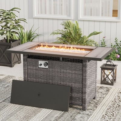Sonkuki 45 in 50,000 BTU Outdoor Wicker Patio Gas Fire Pit Table w/Tempered Glass Tabletop, Clear Glass Rocks, and Lid