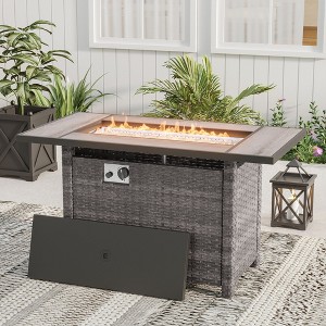 Sonkuki 45 in 50,000 BTU Outdoor Wicker Patio Gas Fire Pit Table w/Tempered Glass Tabletop, Clear Glass Rocks, and Lid - 1 of 4