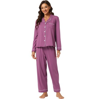 Cheibear Women's Long Sleeves Pants Nightwear Button Down Lounge Pajamas Set  Purple Large : Target