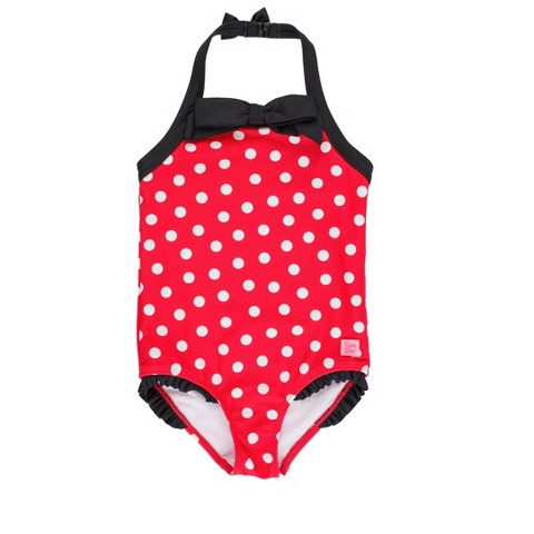 RuffleButts Toddler Girls UPF50+ Halter One Piece - Red Vintage Polka Halter, 4T