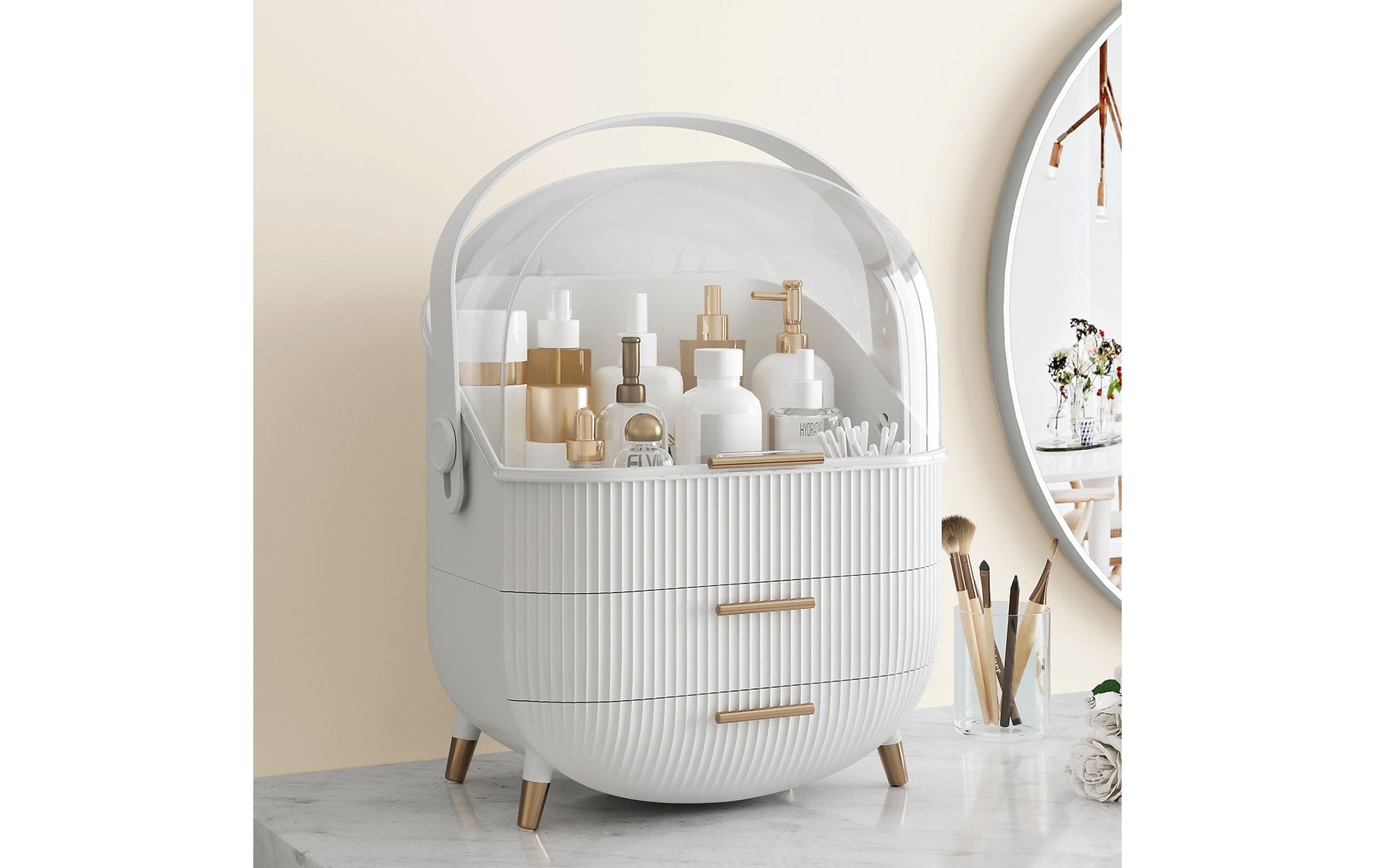 AEELLEEA Makeup Organizers and Storage, vanity makeup organizer, cosmetic skincare storage, with lid and drawers, display case, countertop, white