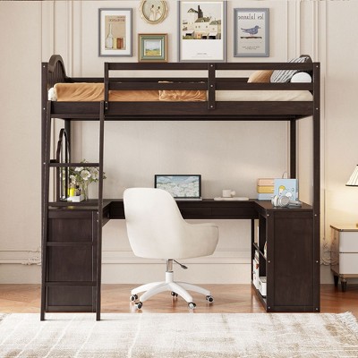 NicBex Full Loft Bed with Desk Wooden Bed Frame with Trifold Mirror, Storage Shelves, Inclined Ladder and Guardrail, No Box Spring Required