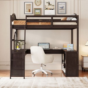 NicBex Full Loft Bed with Desk Wooden Bed Frame with Trifold Mirror, Storage Shelves, Inclined Ladder and Guardrail, No Box Spring Required - 1 of 4