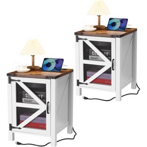 Set of 2 Nightstand with Charging Station and Barn Door Storage, Farmhouse End Table Sofa Side Table for Bedroom, Living Room - 1 of 4
