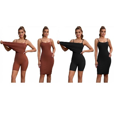 INSPIRE CHIC 2 Pcs Women's Buit in Bra Adjustable Spaghetti Straps Layered Full Slips