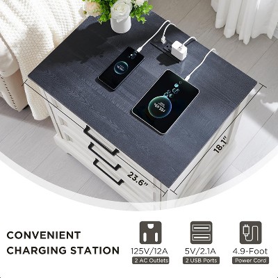 24" White and Black Farmhouse Nightstand with 3 Drawers and Charging Station