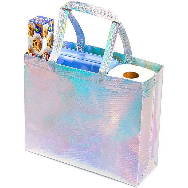 Juvale 24 Pack Holographic Reusable Gift Bag for Birthday, Sustainable Grocery Tote Bags with Handles, 14x12x5 In, 2 of 8