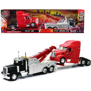 Peterbilt 379 Tow Truck Black with Peterbilt 387 Truck Tractor Red Set of 2 pieces 1/32 Diecast Model by New Ray - 1 of 4