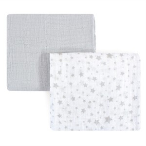 Hudson Baby Infant Cotton Muslin Swaddle Blankets, Gray Stars, One Size - 1 of 2