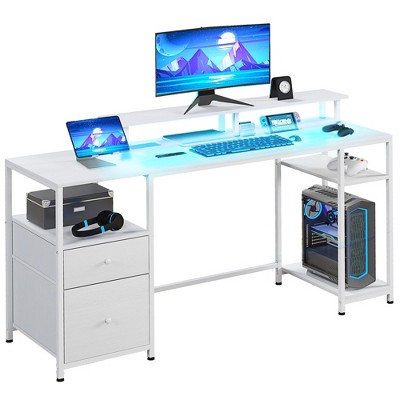 NicBex 61.2 Inch Computer Home Office Desk with LED,Charing Station,2 Drawers and Open Shelves