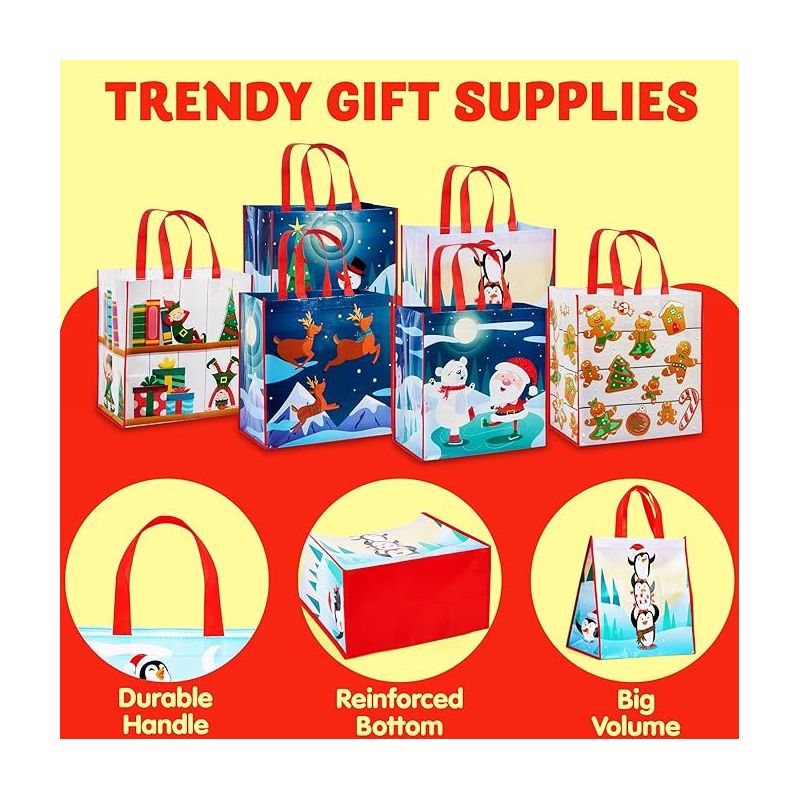 JOYIN 12 PCS 13.75" x 14" Christmas Large Tote Bags Holiday Reusable Grocery Bags for Classroom Party Favor Supplies, Xmas Party, 4 of 9