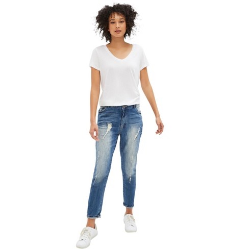 Ellos Comfortable Women's Plus Size Boyfriend Jeans Stretch Denim Mid-rise  - 26, Distressed Blue : Target