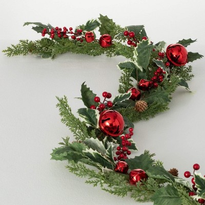 72"L Sullivans Artificial Jingle Bell Holly Pine Christmas Garland, Green-Red, Indoor Christmas Decor