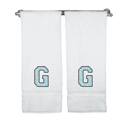 BC BARE COTTON Monogrammed Towels, Personalized Gift, Set of 2 - Embroidered Writing with Light Blue