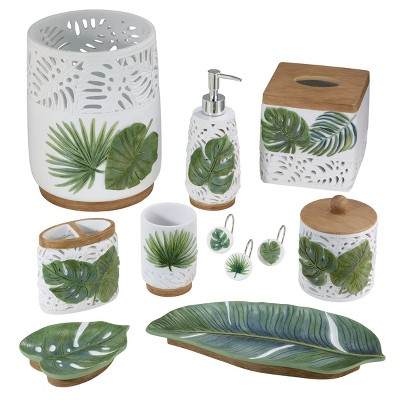 White Resin Tropical Leaf Wastebasket with Faux-Wood Base