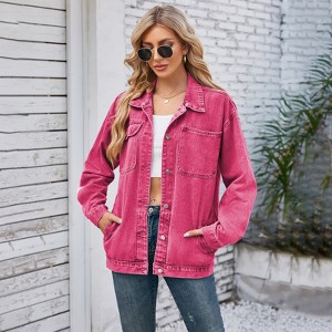 Clearlove Women's Vintage Washed Distressed Pocket Denim Jacket Classic Relaxed Fit Lightweight Stretch Cropped Trucker Coat - 1 of 4