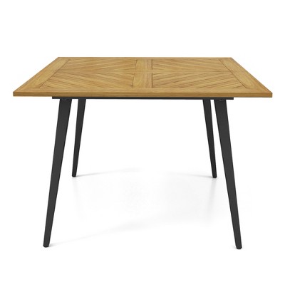 Tangkula Outdoor Dining Table 42.5” Acacia Wood Patio Table with 1.9” Umbrella Hole Metal Legs & Adjustable Foot Pads Farmhouse Bistro Table