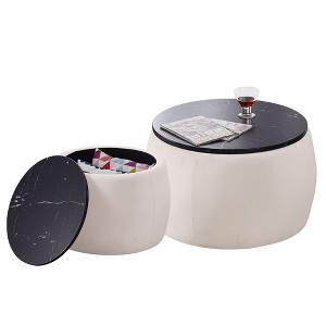 Round Storage Ottoman Coffee Table Footstool Set of 2 with Removable Top - 1 of 4
