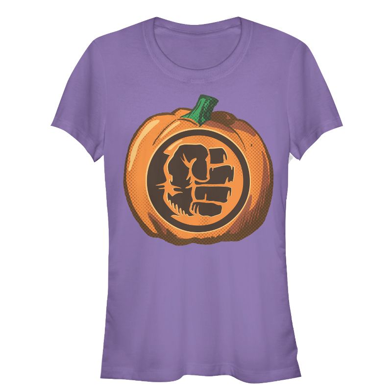 Juniors Womens Marvel Halloween Hulk Fist Pumpkin T-Shirt, 1 of 4