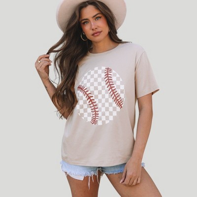 Amaryllis Women’s Graphic Baseball Tee Relaxed Fit Short Sleeve Top with Checkerboard Stitch T-Shirt- Small ,Beige