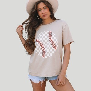 Amaryllis Women’s Graphic Baseball Tee Relaxed Fit Short Sleeve Top with Checkerboard Stitch T-Shirt- Small ,Beige - 1 of 4