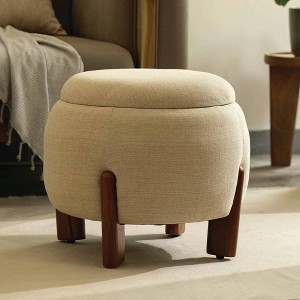 GDFStudio Haley Modern Mango Wood and Linen Upholstered Round Ottoman - 1 of 4