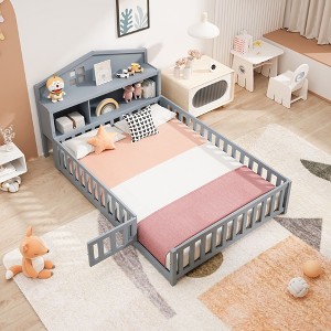 NicBex Full Size Kids Montessori Bed with Bookcases and Blackboards,Floor Bed with Headboards and Fences,Toddler bed for Bedroom,White/Gray/Brown - 1 of 4