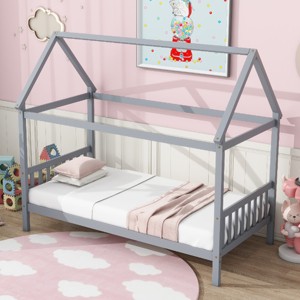 RISOKEYS Twin Size Bed Frame with Headboard and Footboard, Low Rubberwood House Bed for Boys and Girls,No Box Spring Needed - 1 of 4