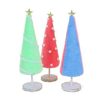 Transpac 11.0 Inch Fabric Punch Needle Tree Set Fabric Wrapped Cone Wooden Base Tree Sculptures