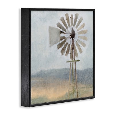 Neutral Blue Windmill Breeze Farmhouse Landscape Canvas Print with Black Wood Frame