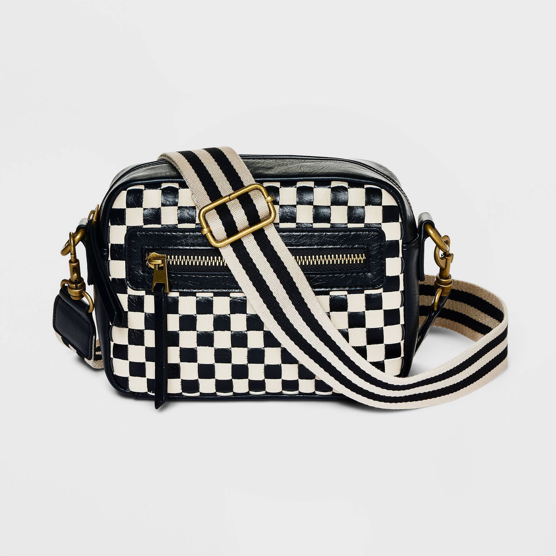 Checker Camera Crossbody Bag with Strap - Universal Thread™ Black/Cream: Basket Weave Pattern, Adjustable Removable Strap