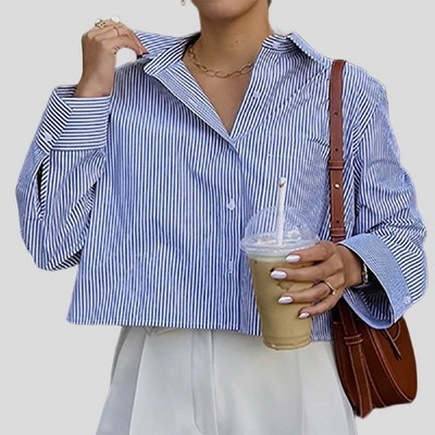 Women Blue Stripe Button-Down Shirt with Turn-Down Collar & Cuffed Sleeves – Polyester-Cotton Blend Cherie Code