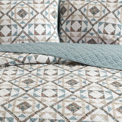 Annie Blue and Beige Cotton Twin Reversible Quilt Set