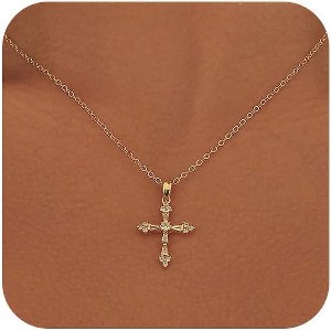 Dainty Gold Cross Necklace for Women, 14K Gold Plated Small Pendant Choker - 1 of 4