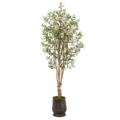 Nearly Natural 6.5-ft Olive Artificial Tree in Ribbed Metal Planter