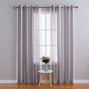 Sheer Curtains for Living Room Bedroom, Stripe Farmhouse Curtains Faux Linen Window Treatments Semi Curtain, Bathroom Curtain Window Grommet，2 Pcs - 1 of 4