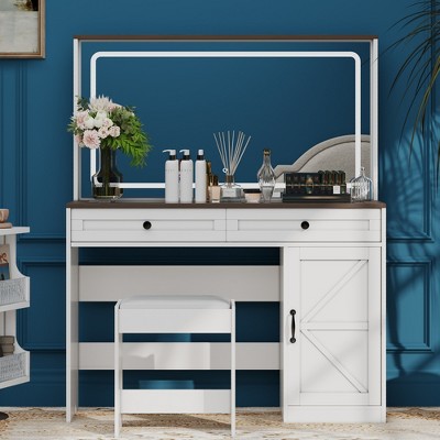 Infurnic Makeup Vanity Table Set with Large Mirror, Girls Women Bedroom Square Mirror Stored Drawer Cabinets with Stool, White 53.9" H