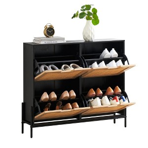 GustoWave Shoe Cabinet, Natural Rattan Shoe Organizer with 4 Flip Drawers, Narrow Freestanding Shoe Rack with Metal Legs Adjustable Shelf - 1 of 4