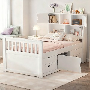 Luxystar Twin Size Captain Platform Bed with Bookcases Headboard and 4 Adjustable Drawers for Bedroom, White - 1 of 4