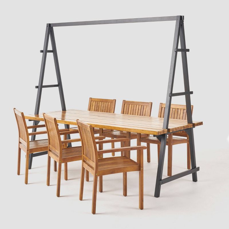 Huckleberry 7pc Acacia Wood and Iron Planter Dining Set, 3 of 9
