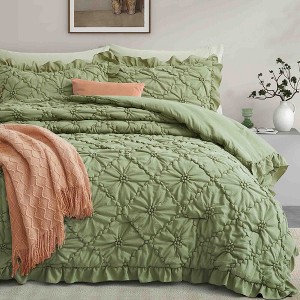 BAGOKIE 3 Pieces Pinch Pleat Floral Bed in a Bag Comforter Set - 1 of 4
