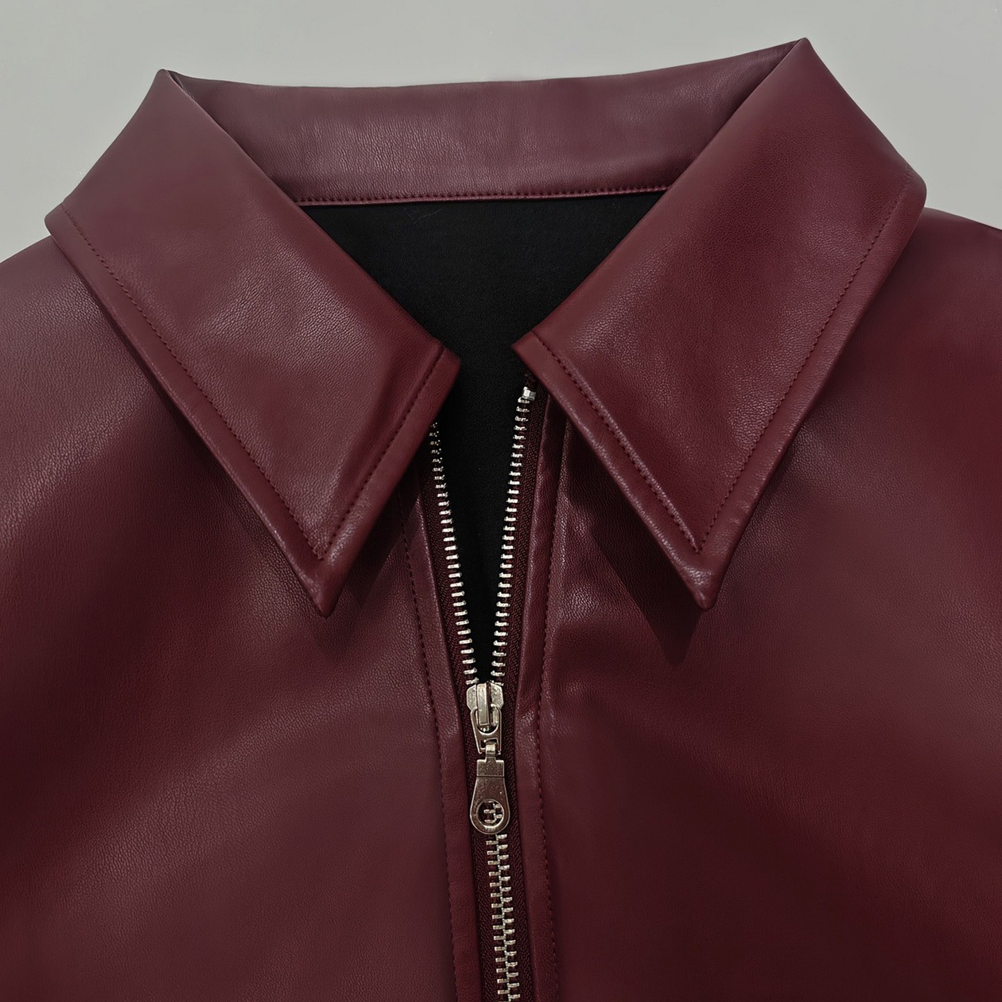 Женская куртка YesFashion Faux Leather Cropped Jacket, Lapel Zip Up Elastic Hem Long Sleeve Bomber Coat, Casual Loose Outerwear Red, цвет: Красный — фото 5