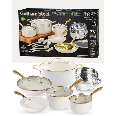 Cream and Gold 15-Piece Nonstick Ceramic Cookware Set