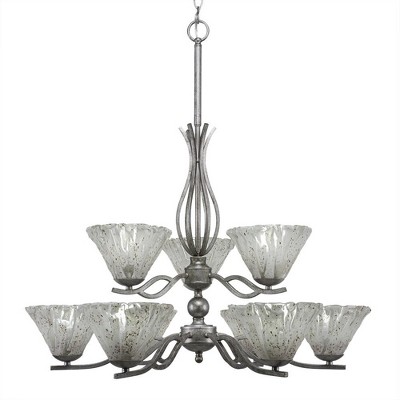 Toltec Lighting Revo 9 - Light Chandelier in  Aged Silver with 7" Italian Ice Shade