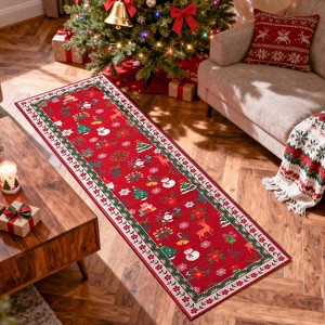 Christmas Living Room Rug Xmas Reindeer Snowman Tree Rug Washable Area Rug Soft Low Pile Non-Slip Area Rug - 1 of 4