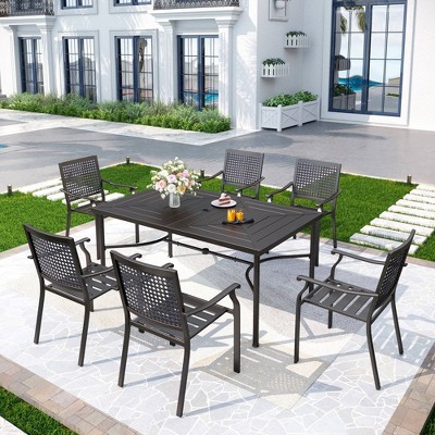 7pc Outdoor Dining Set with Steel Chairs & Large Metal Rectangle Table with Umbrella Hole - Captiva Designs: Weather-Resistant Patio Furniture Set