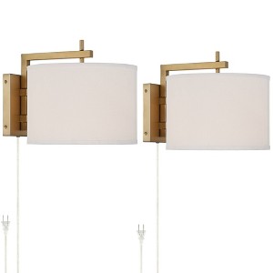 360 Lighting Adair Mid Century Modern Wall Lamps Set of 2 Smart Sockets Warm Brass Plug-In 12" Fixture Linen Drum Shades for Bedroom - 1 of 4