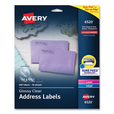 Avery Glossy Clear Easy Peel Mailing Labels w/ Sure Feed Technology, Inkjet/Laser Printers, 0.66 x 1.75, 60/Sheet, 10 Sheets/PK